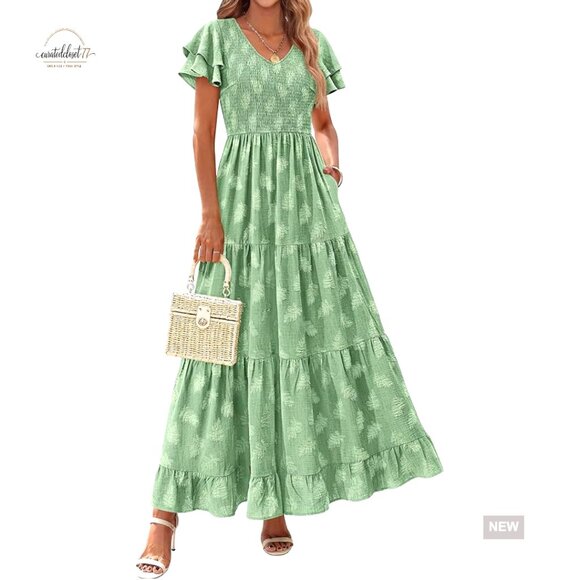 Dresses & Skirts - Maxi Dress with Ruffle Sleeves V Neck Smocked A Line Floral Boho Tiered Sundress